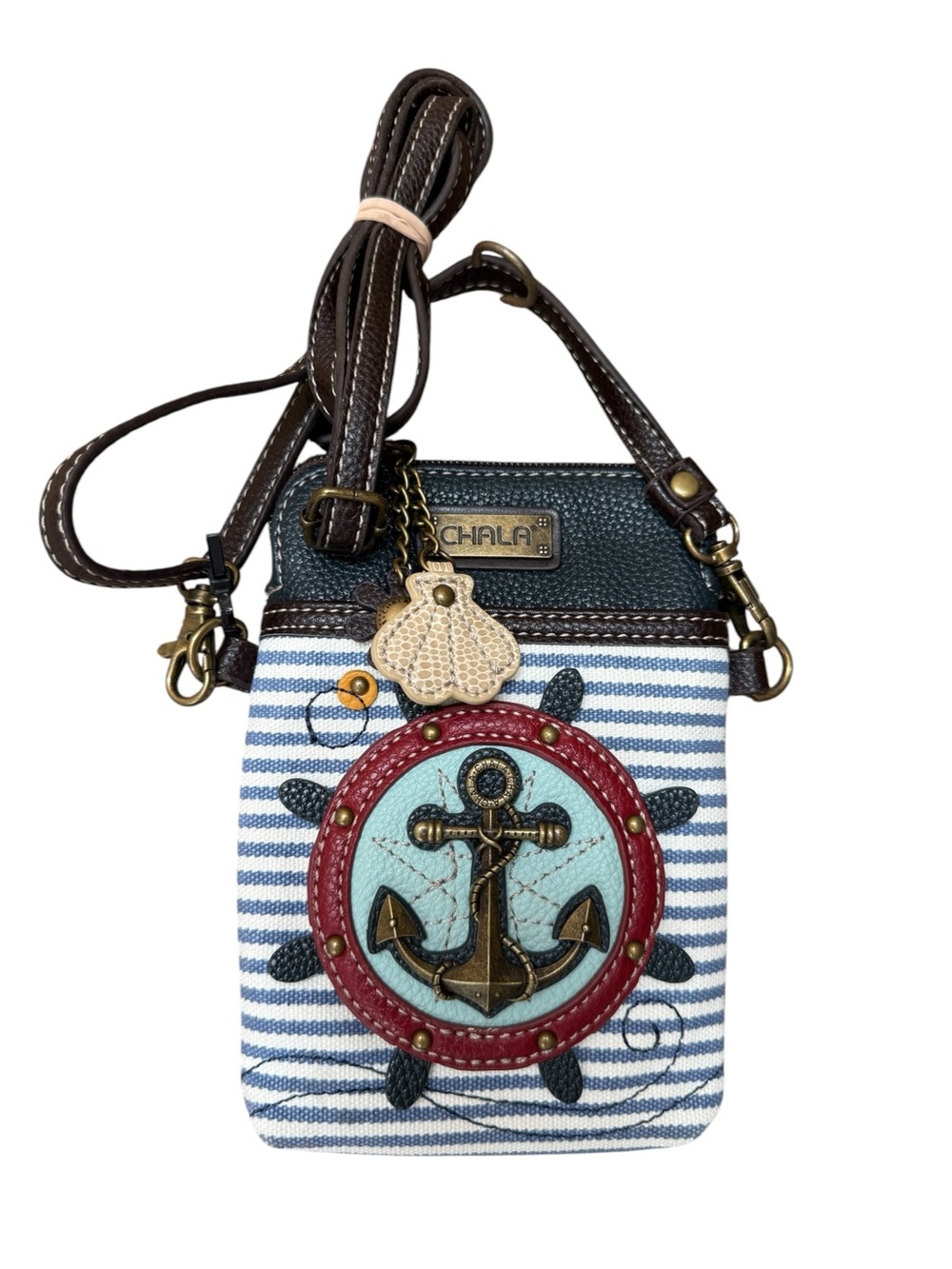Chala Blue White Striped Anchor Crossbody with Brown Trim